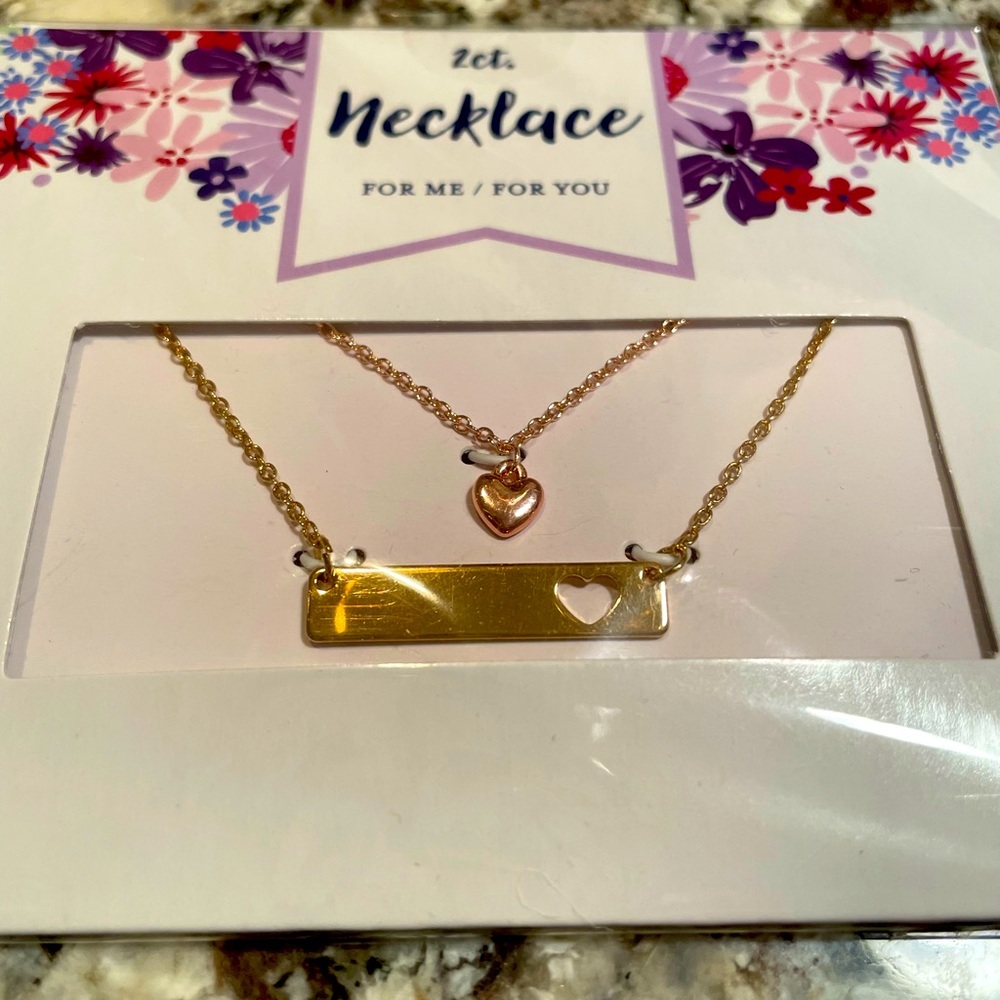2 Piece; 16” ‘You & Me’ Necklaces. Rose Gold Heart & Gold Bar w/ Heart Cutout.